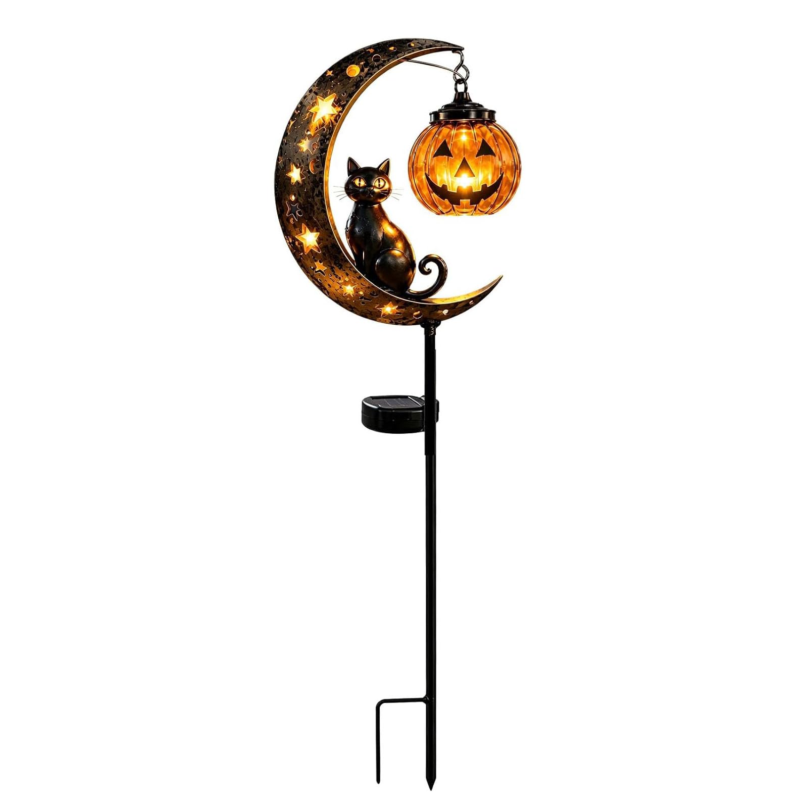 Solar Halloween Black Cat & Pumpkin Moon Garden Stake Light, Black Cat on Moon with Hanging Pumpkin Lantern, Outdoor Decorative Solar Lights Waterproof for Yard Lawn Pathway (1Pcs)