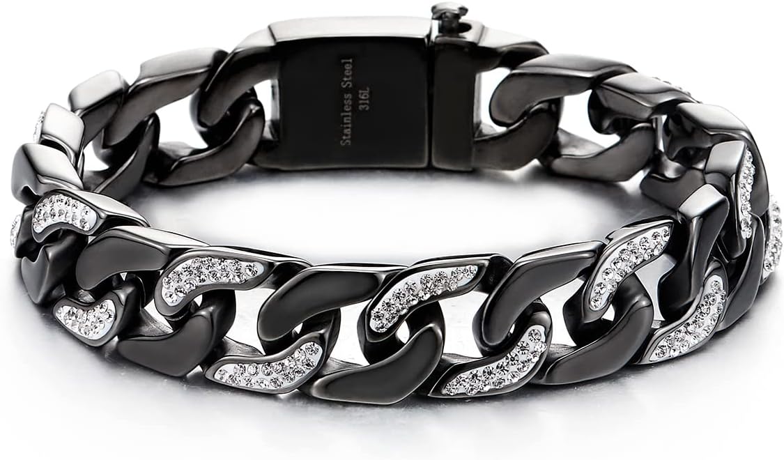 COOLSTEELANDBEYOND Men’s Stainless Steel Curb Chain Bracelet Grey Black High Polished with Cubic Zirconia
