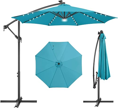 AckMizz 10FT Solar Cantilever Patio Umbrella with 40 LED Lights, UPF50+ Offset Umbrella Aqua Blue