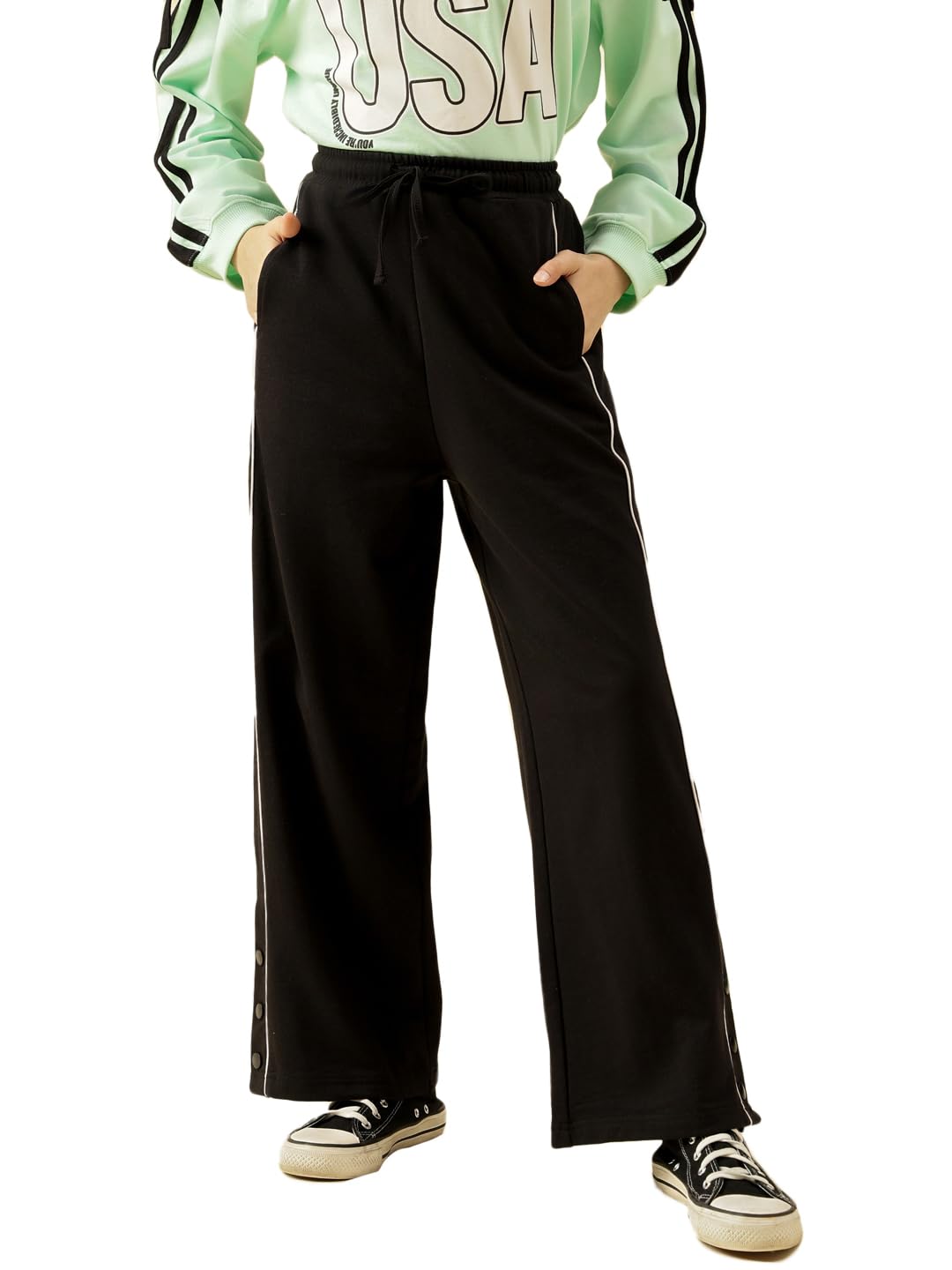 Li’l Tomatoes Girls Straight Fit Trackpant | 100% Looper Fabric | Side Stripe with Button Detail | Elastic Drawstring Waist | Casual Wear | 9–16 Years