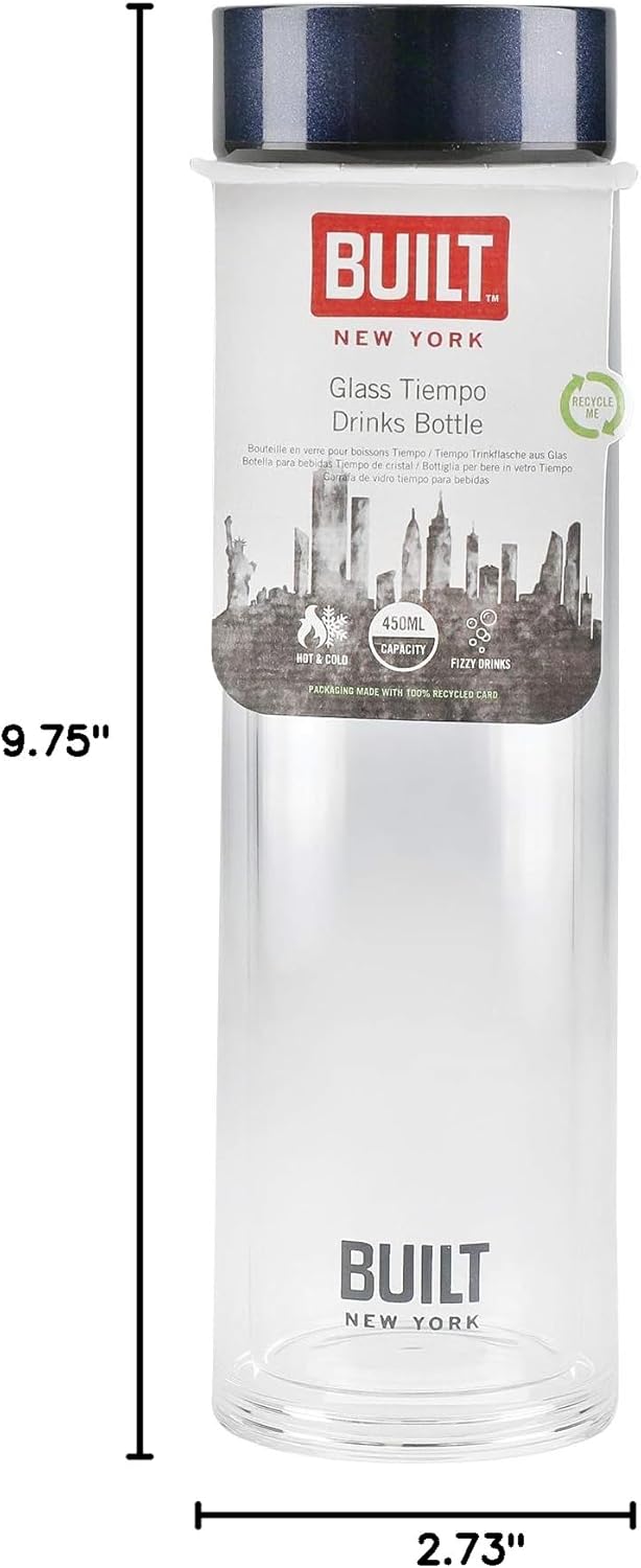 Built Tiempo Insulated Glass Water Bottle, BPA Free Borosilicate Glass/Stainless Steel Flask, Midnight Blue, 450ml