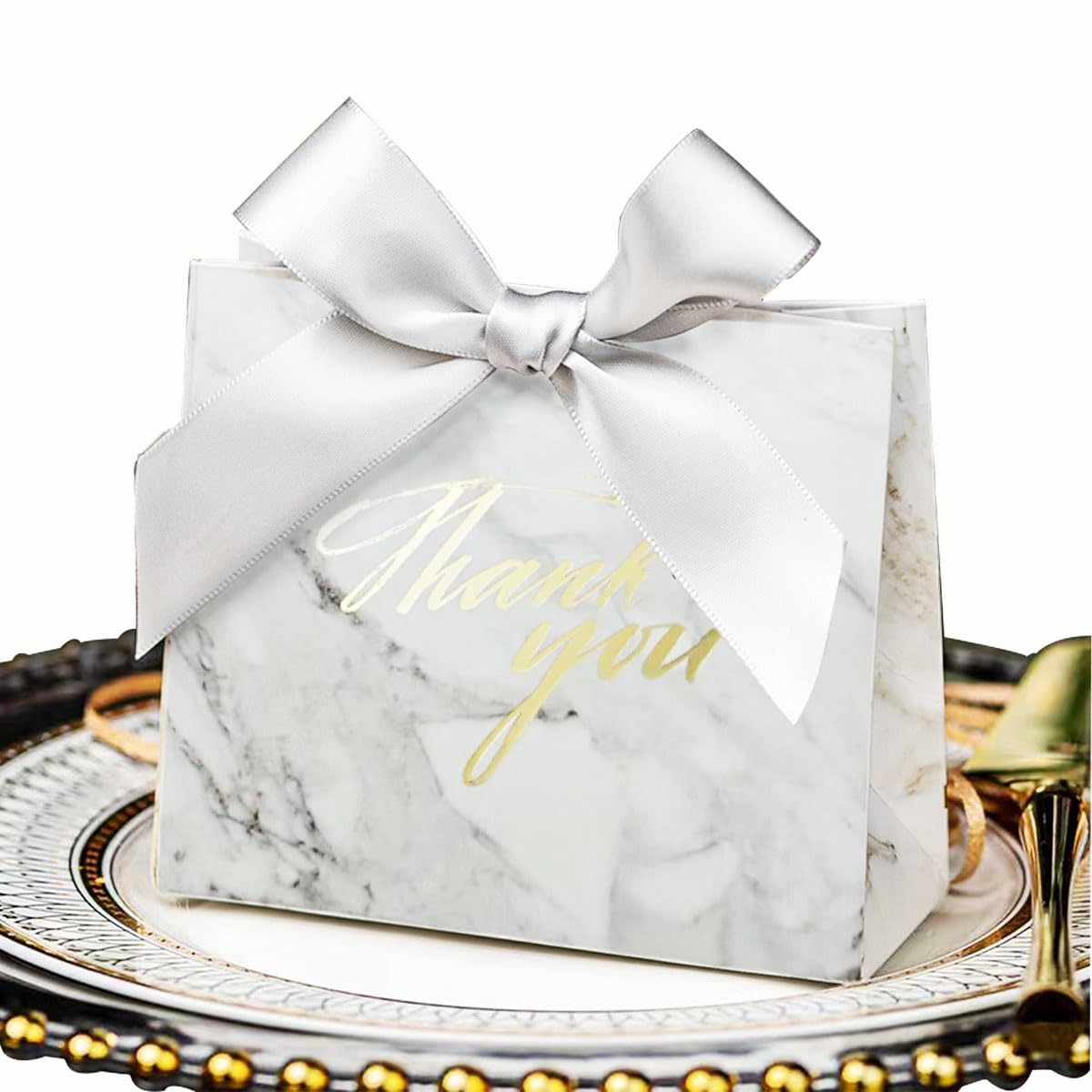 20Pcs Thank You Small Gift Paper Bags Silver Cardboard Wedding Birthday Candy Box Thank You Favor Bag 4x4.5x1.8Inches with Bow Ribbon Easter EID Party