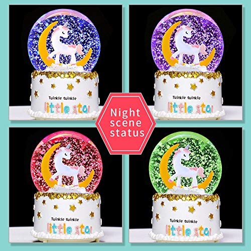 image for VECU Unicorn Snow Globe, 80 MM Automatic Snowfall Cartoon Moon Music B