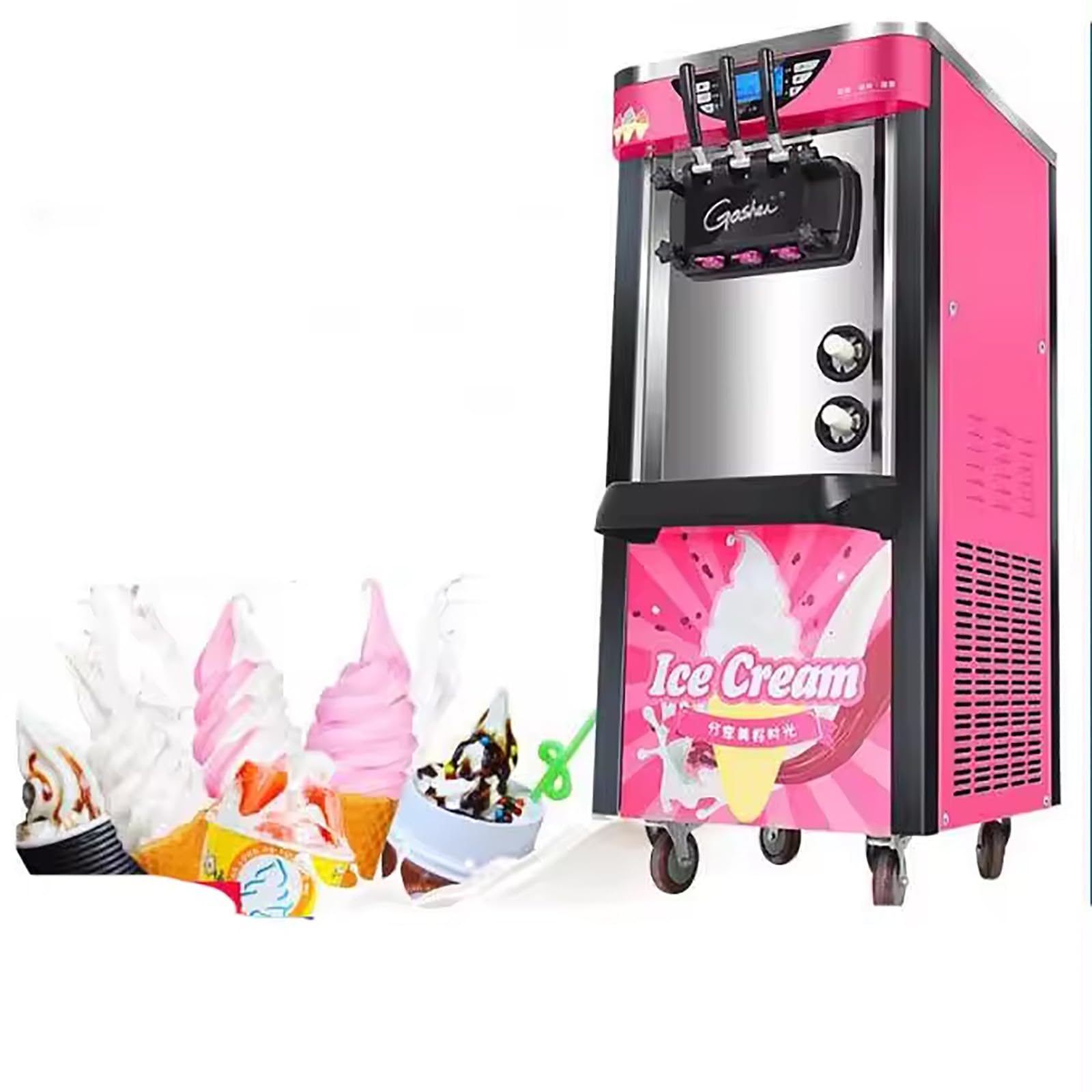 Máquina Vertical Para Hacer Helados,máquina Para Hacer Sorbetes Yogur Helado Con Cilindrodoblematerial Y 3 Salidas,12niveles Ajustables Suavidad/dureza Y Alarma Escasez Material, Salida 26-28L/h