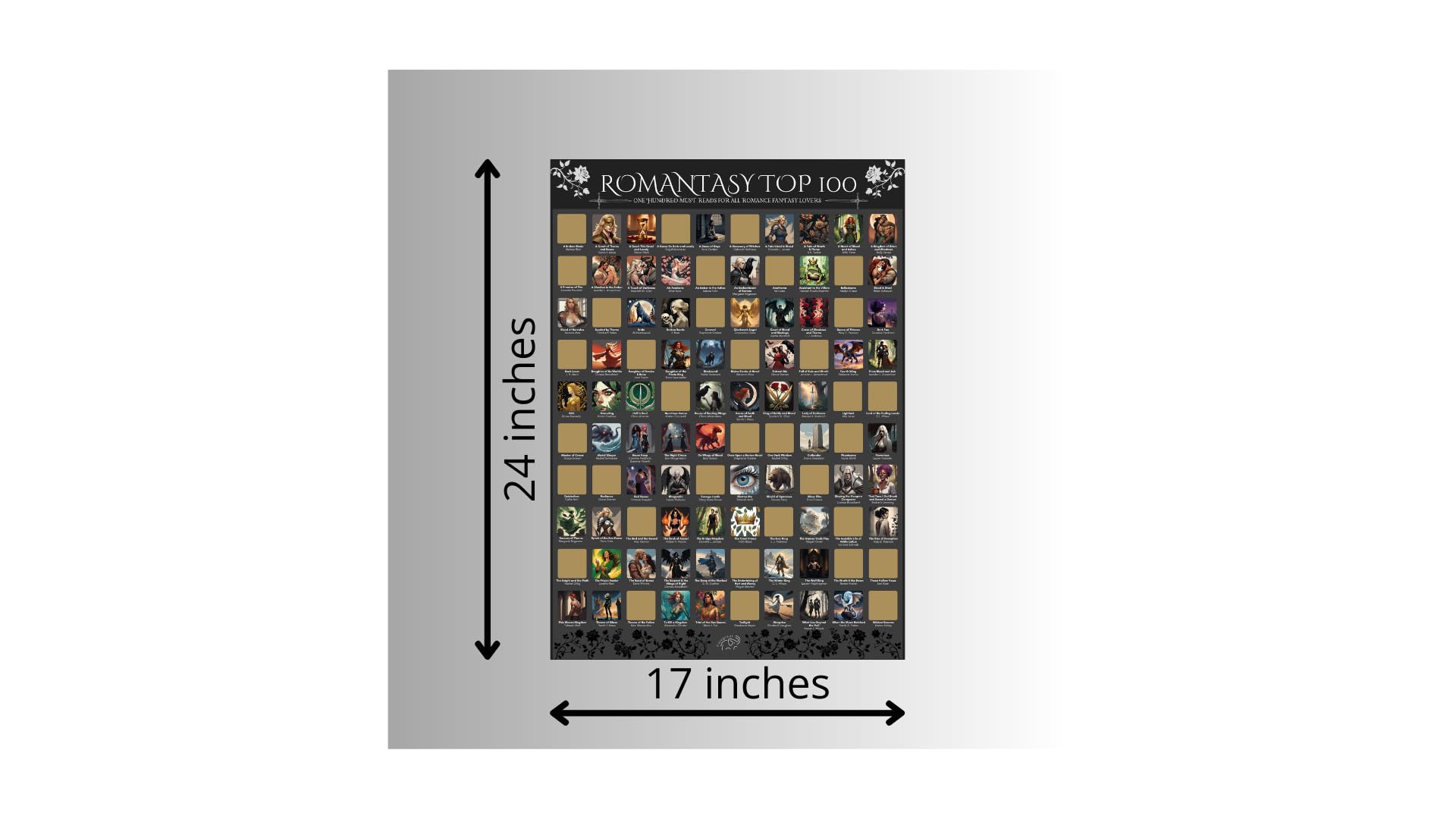 Celegreat Top 100 Romantasy Scratch Off Poster | Plakat z listą rzeczy do zrobienia dla romantycznych książek fantasy | Prezent dla czytelników romansów