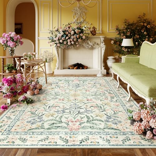Lahome Boho Rugs for Living Room 5×7, Machine Washable Area Rugs Non-Slip, Vintage Floral Soft Kids Bedroom Carpet Rug for Home Girls Playroom Foyer Entryway, Beige/Multi
