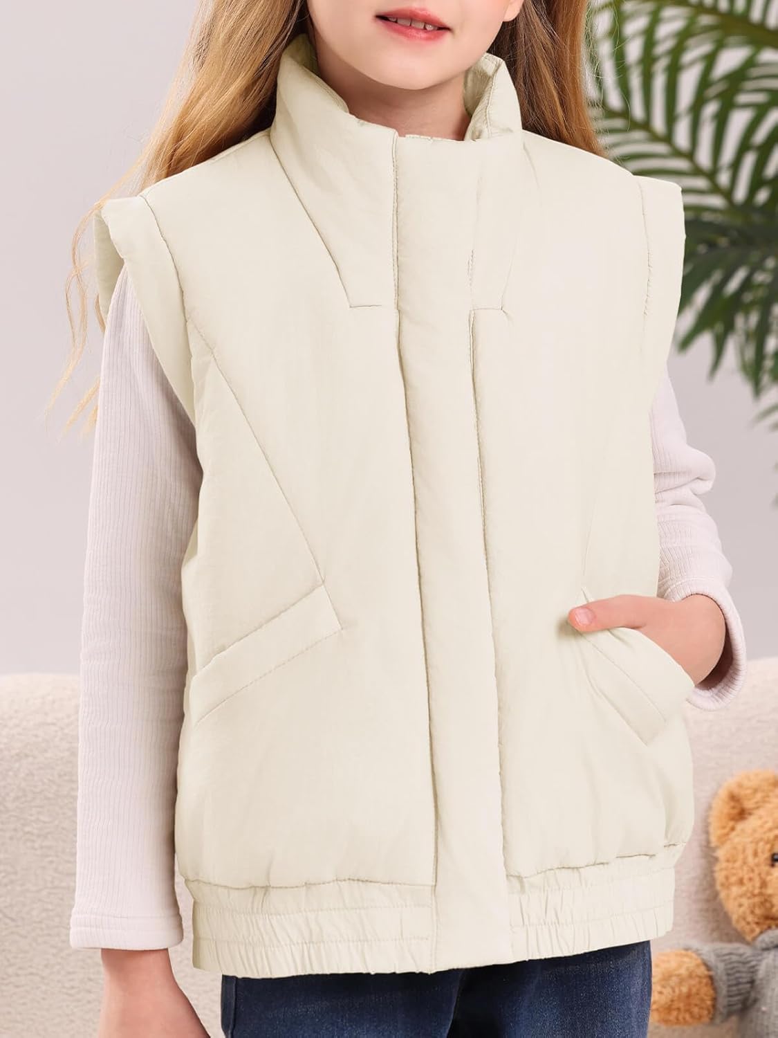 Girls' Winter Puffer Vest Cute Sleeveless Button Outerwear Coats Water Resistant Warm Quilted Jacket 5-14Y - Image 5