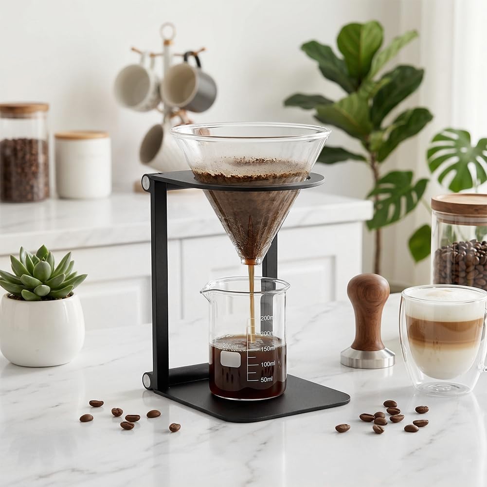 FINGERINSPIRE Compact Size Portable Coffee Stand 4.88x3.27x0.67 inch Rectangular Foldable Aluminum Alloy Coffee Machine Holder Black Pour over Dripper Stand for Office, Home, Camping