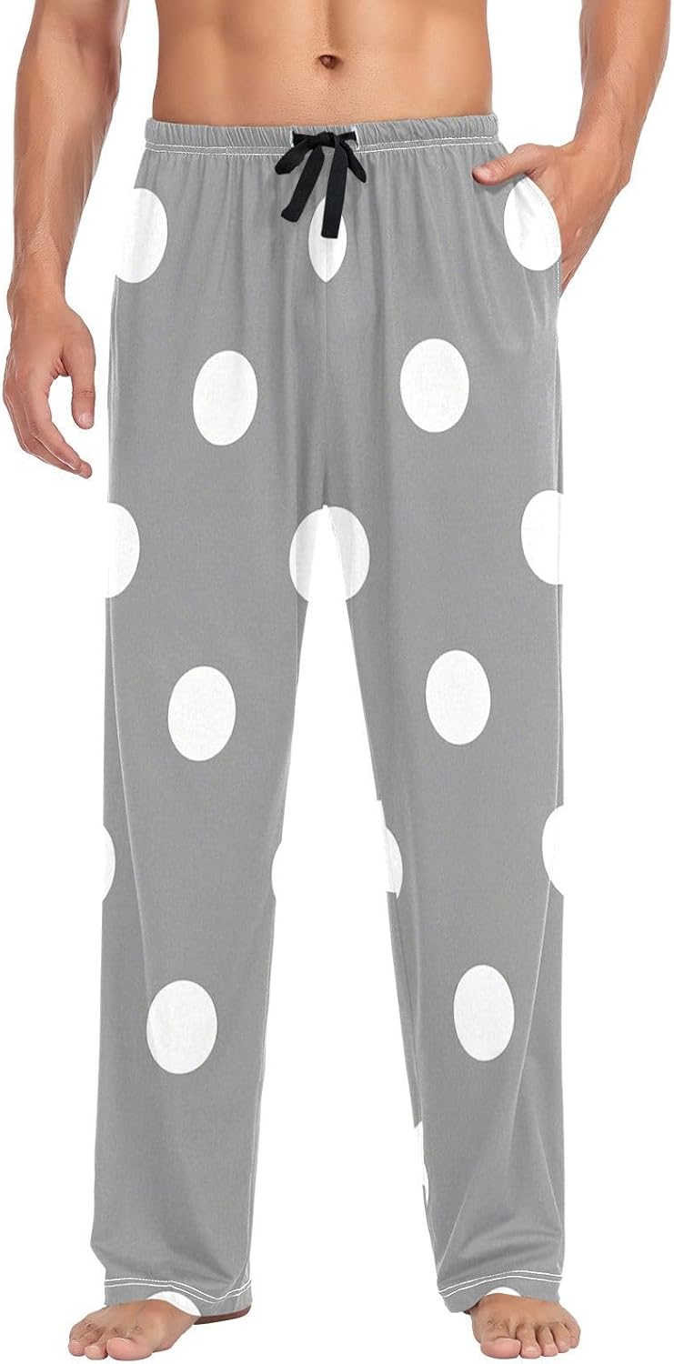 Cartoon Dot Grey Cotton Mens Pajama Bottoms Pyjama Pants Mens with pockets for Fall Drawstring Small