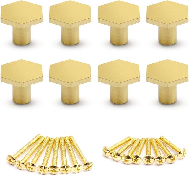 8pcs Hexagon Cabinet Knobs, SurePromise Solid Brass Single Hole Door Knob Pull Handles Hardware for Cupboard Desk Dresser Drawer Gold (18 x 25mm)