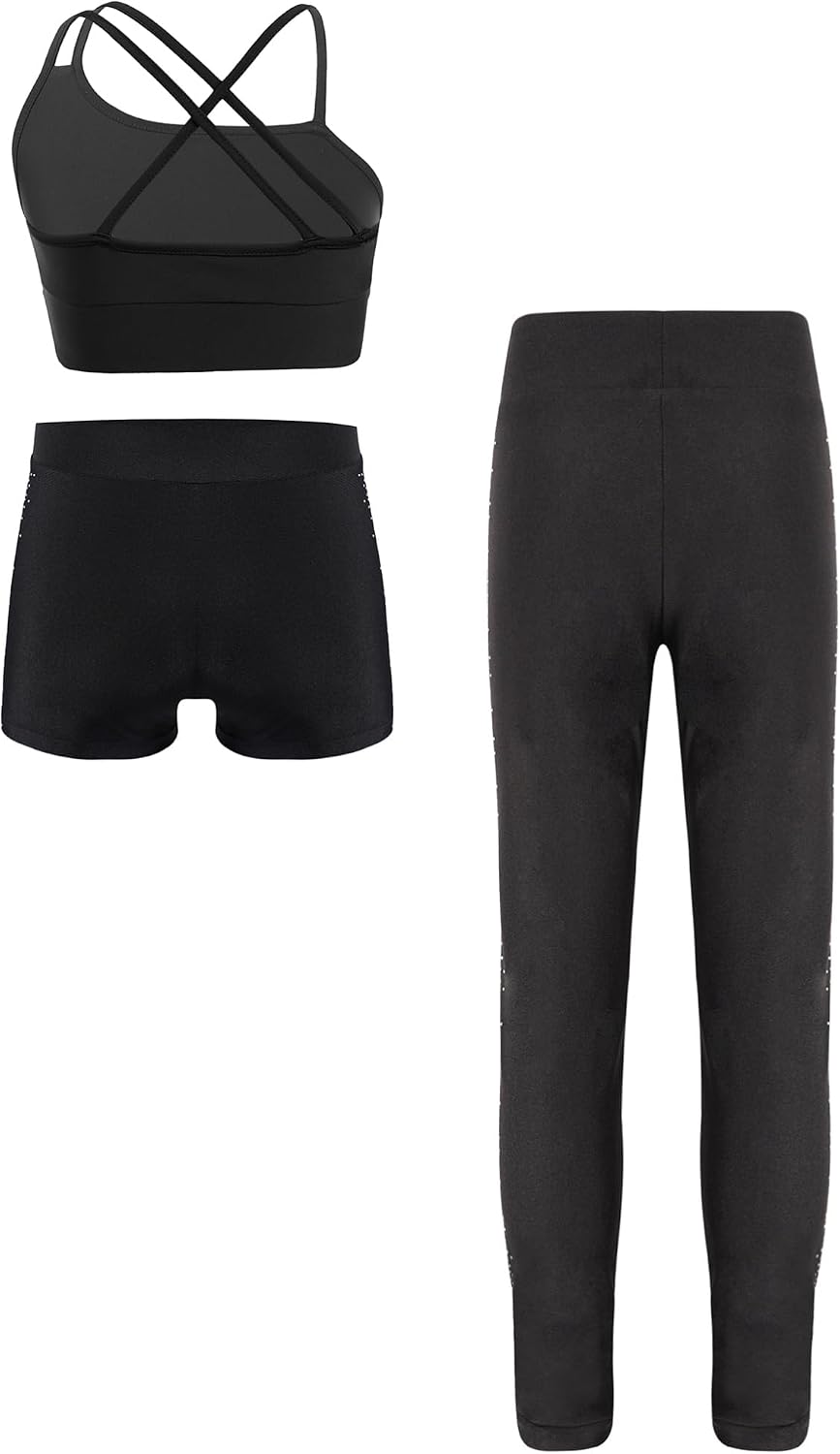 CHICTRY Kids Girls Gymnastics Dance Outfits Spaghetti Straps Crop Top and Shorts Figure Skating Leggings Set