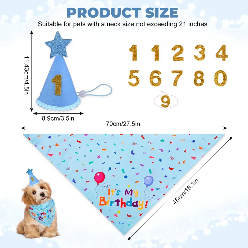3 PCS Set Compleanno Cane,Bandana Cane Compleanno con Cappello, Numeri,HMCEY Cappellini da Festa per Animali Domestici,Accessori Decorazioni Compleanni Regalo per Cani Maschi, Femmine - Blu
