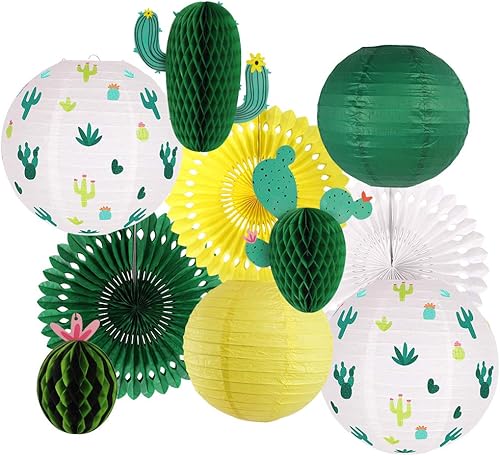 Decoraciones de fiesta de cactus, suministros de fiesta hawaiana, linternas de papel colgantes tropicales, cactus de panal, abanicos de papel de