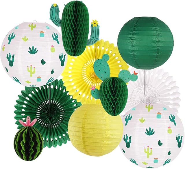 Cactus Party Decorations, Hawaiian Party Supplies Tropical Cactus Hanging Paper Lanterns Cactus Honeycomb Tissue Paper Fans for Llama Birthday Summer Party Home Decoration (Green)