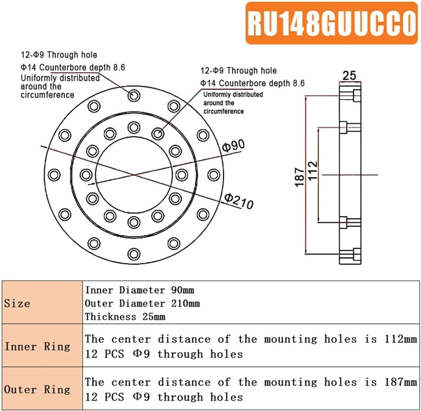 1PC Crossed Roller Bearing RU28 RU42 RU66 RU85 RU124 RU148 Rotational Accuracy P5 Cross(RU148-G)