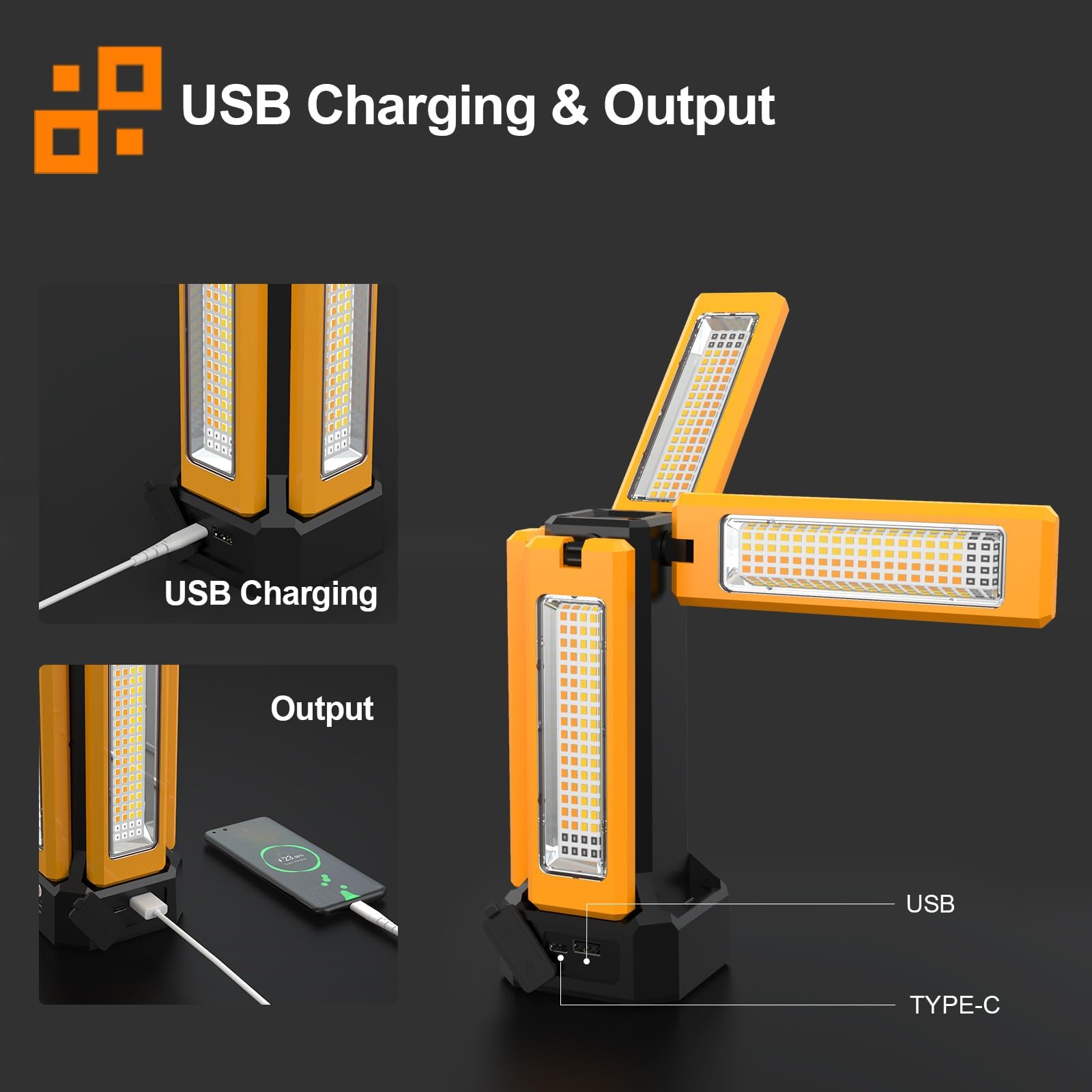 Faretto da Cantiere LED Ricaricabile Solare con Treppiede, Batteria da 13200 mAh, Faretti da Cantiere con Luminosità da 8000 Lumen, Adatto a Cantieri, Campeggio All'aperto (Arancione senza supporto)