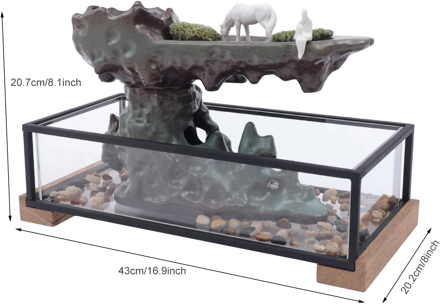 Desktop Waterfall Fountain with Rockery, Clear Fish Tank and Figurines, Indoor Tabletop Fountain with Automatic Pump, Zen Water Fountain for Home Living Room Office Decor