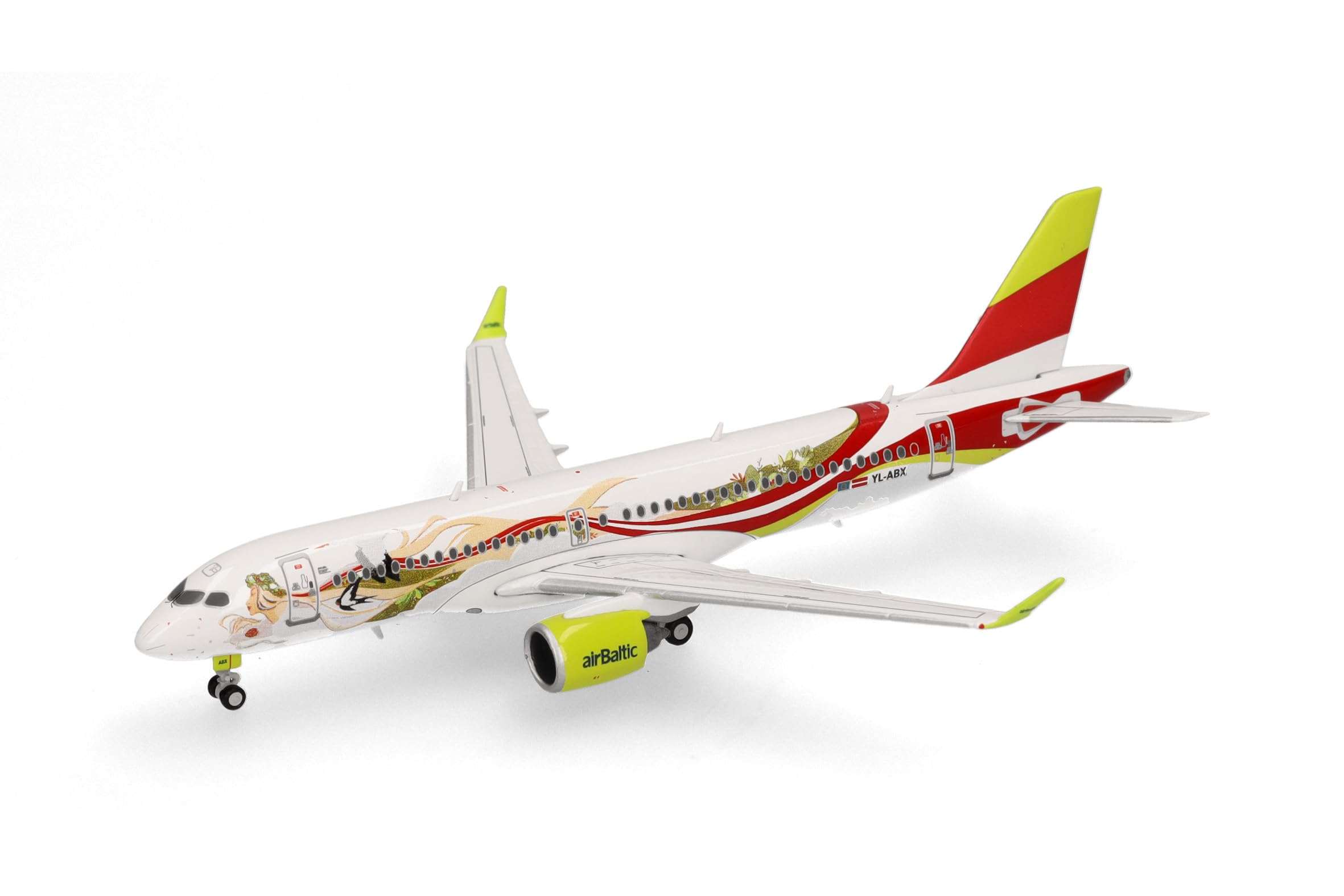 Herpa aereo in miniatura airBaltic Airbus A220-300 "50th A220", miniatura in scala 1:400, pezzo da collezione, modello di aereo con base, metallo