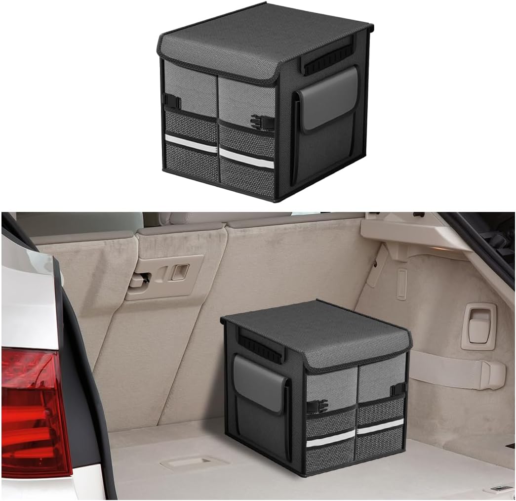 HZEL Car Trunk Organizer with Lid, Foldable Slip Resistant Multi-Compartment Vehicle Cargo Storage Box, Collapsible Waterproof Automotive Trunk Organizer, Universal for SUV Van Truck (Gray)