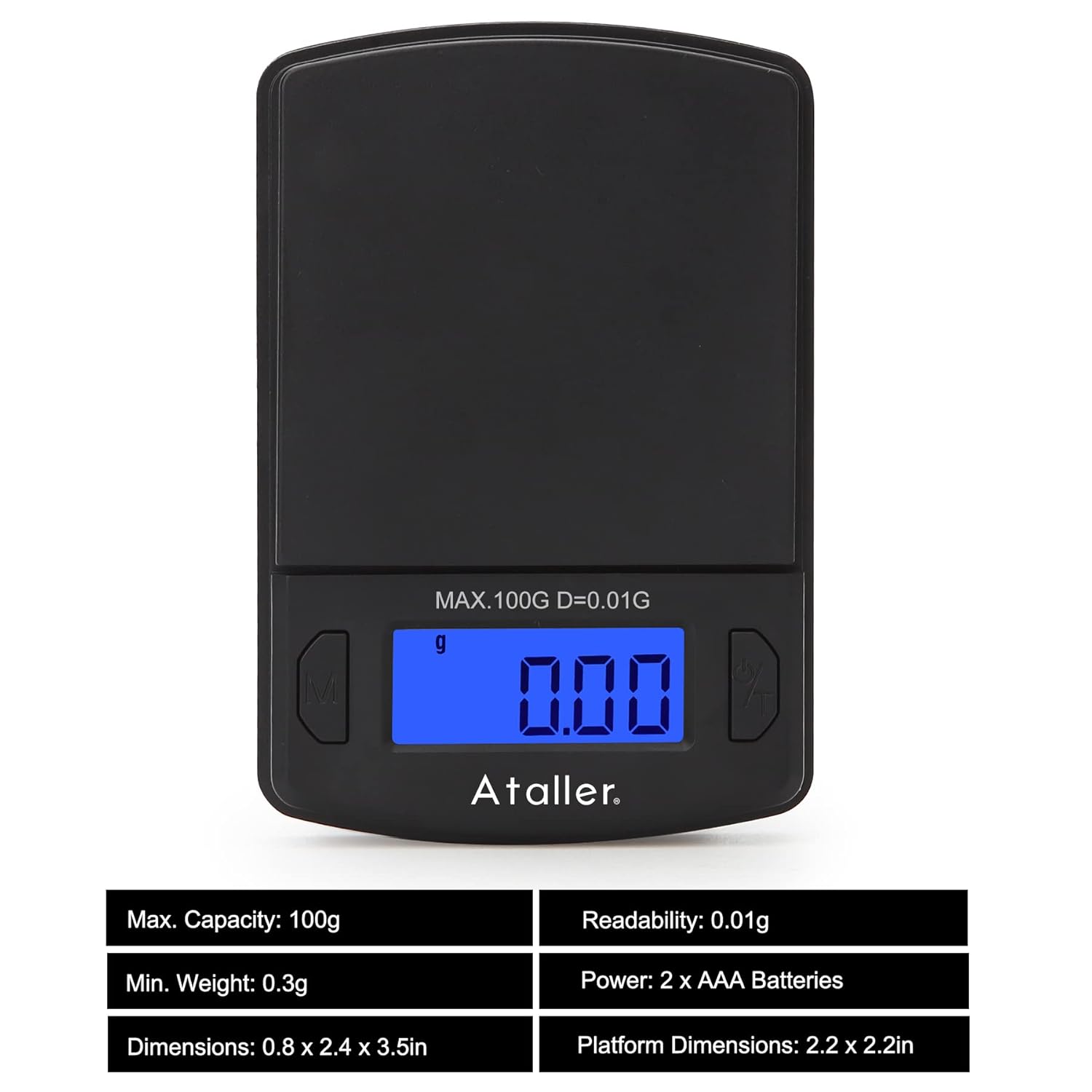 Image showing a table of specifications for the Ataller Mini Digital Pocket Scale.