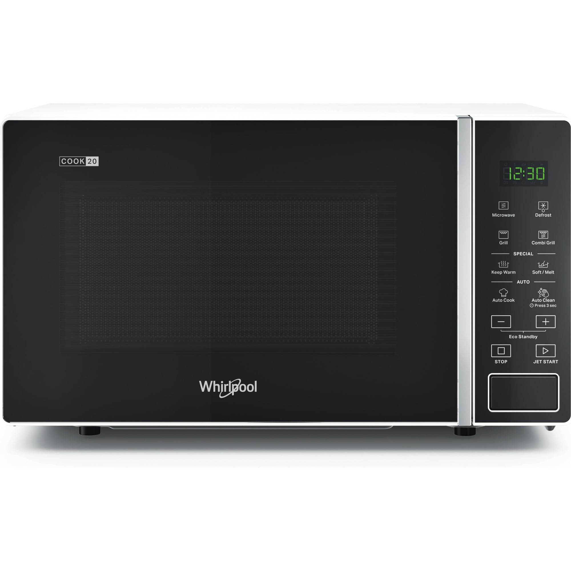 Whirlpool MWP 203 W Forno a Microonde + Grill, 20 litri, Controllo Digitale, Display, Funzione riscaldamento e funzione scongelamento, Colore Bianco, con Griglia alta