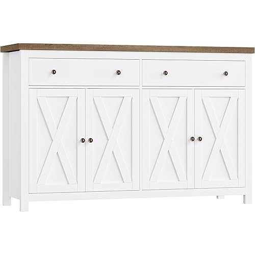 FOTOSOK Sideboard Buffet Cabinet with Storage, 55" Large Kitchen Storage Cabinet with 2 Drawers and 4 Doors, Wood Coffee Bar Buffet Table Console Table for Kitchen Dining Room, White
