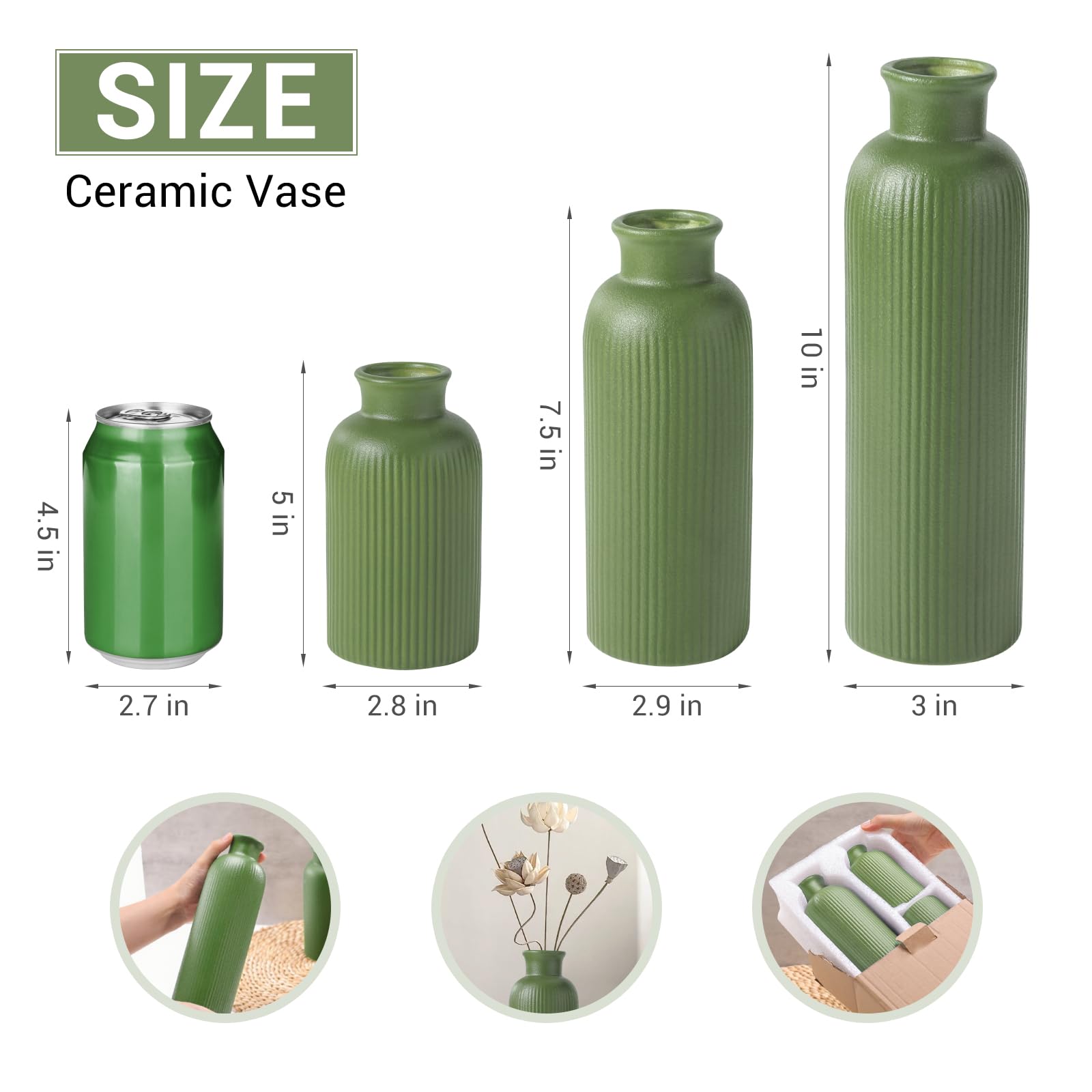 GUKJOB Set di 3 piccoli vasi in ceramica verde salvia, vasi da fiore moderni in stile Boho per la decorazione della stanza, decorazione in stile fattoria, vasi per la tua cucina, bagno, camera da