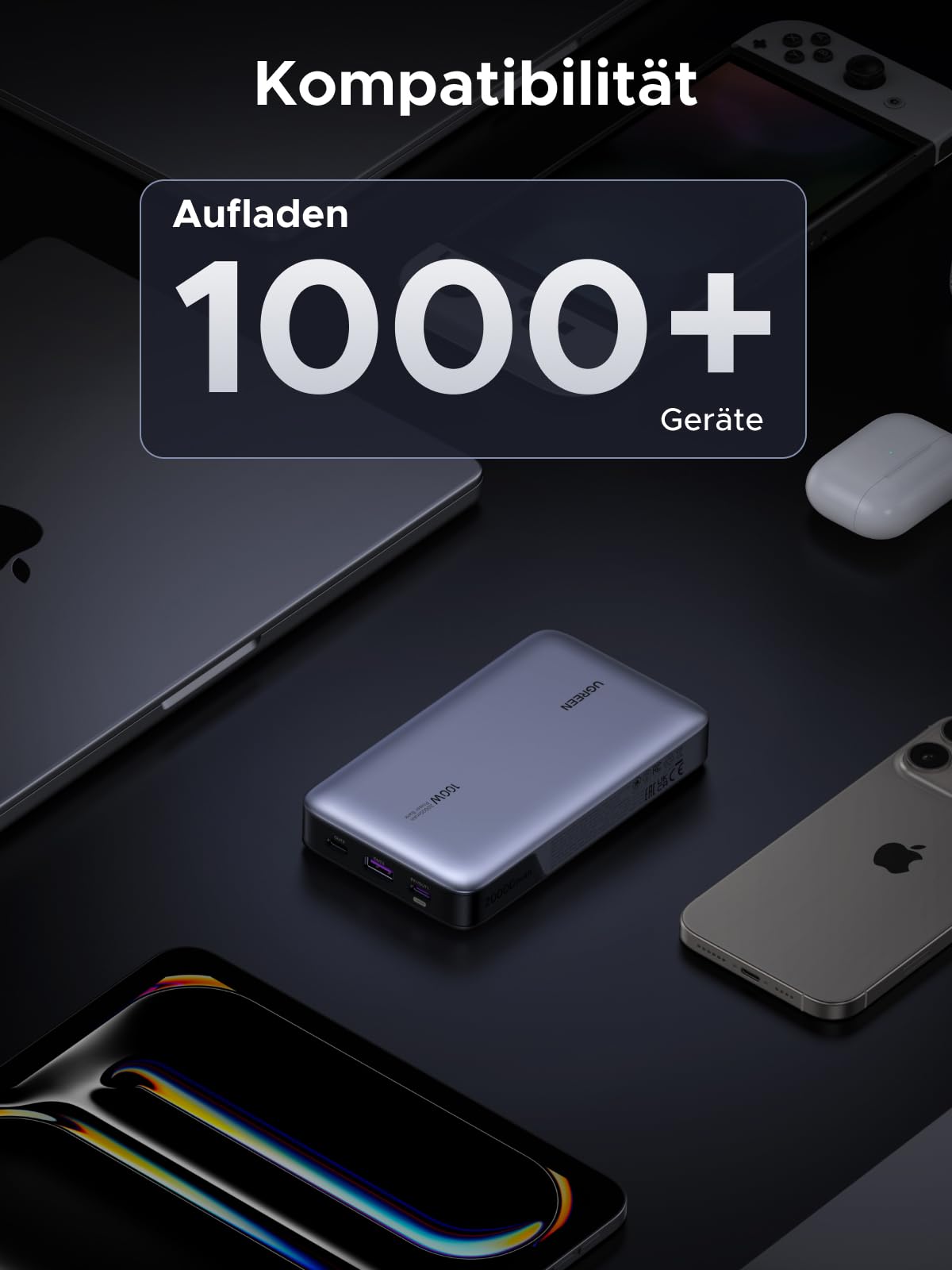 UGREEN Nexode Power Bank 20000mAh 100W, 2X USB-C+1x USB-A | Unterstützt PD 3.0, für Reisen/Büro, Laptop/Handy-Aufladung, Kompatibel mit MacBook, iPhone, Galaxy Serie