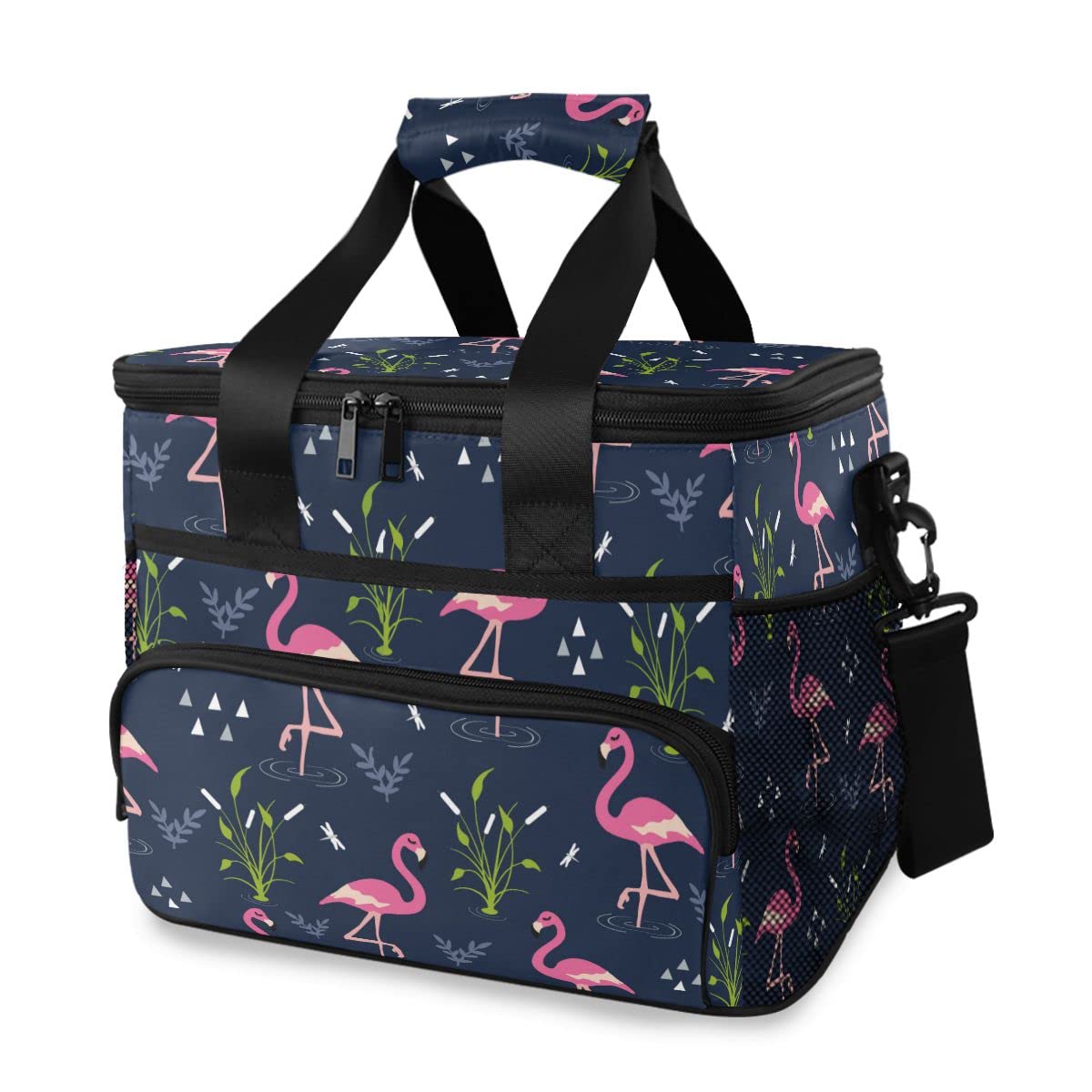 Bolsa de picnic de 15 L, 24 latas, bolsa de almuerzo aislada con flamenco, bolsas para viajes, camping, barbacoa, actividades al aire libre, asas, correa para el hombro