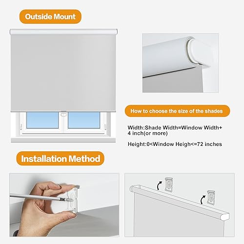 Miniatura 6 de Persilux Persianas enrollables sin cordones para ventana (28 pulgadas de ancho x 72 pulgadas de alto, gris claro) 100 % opacas, protección UV,