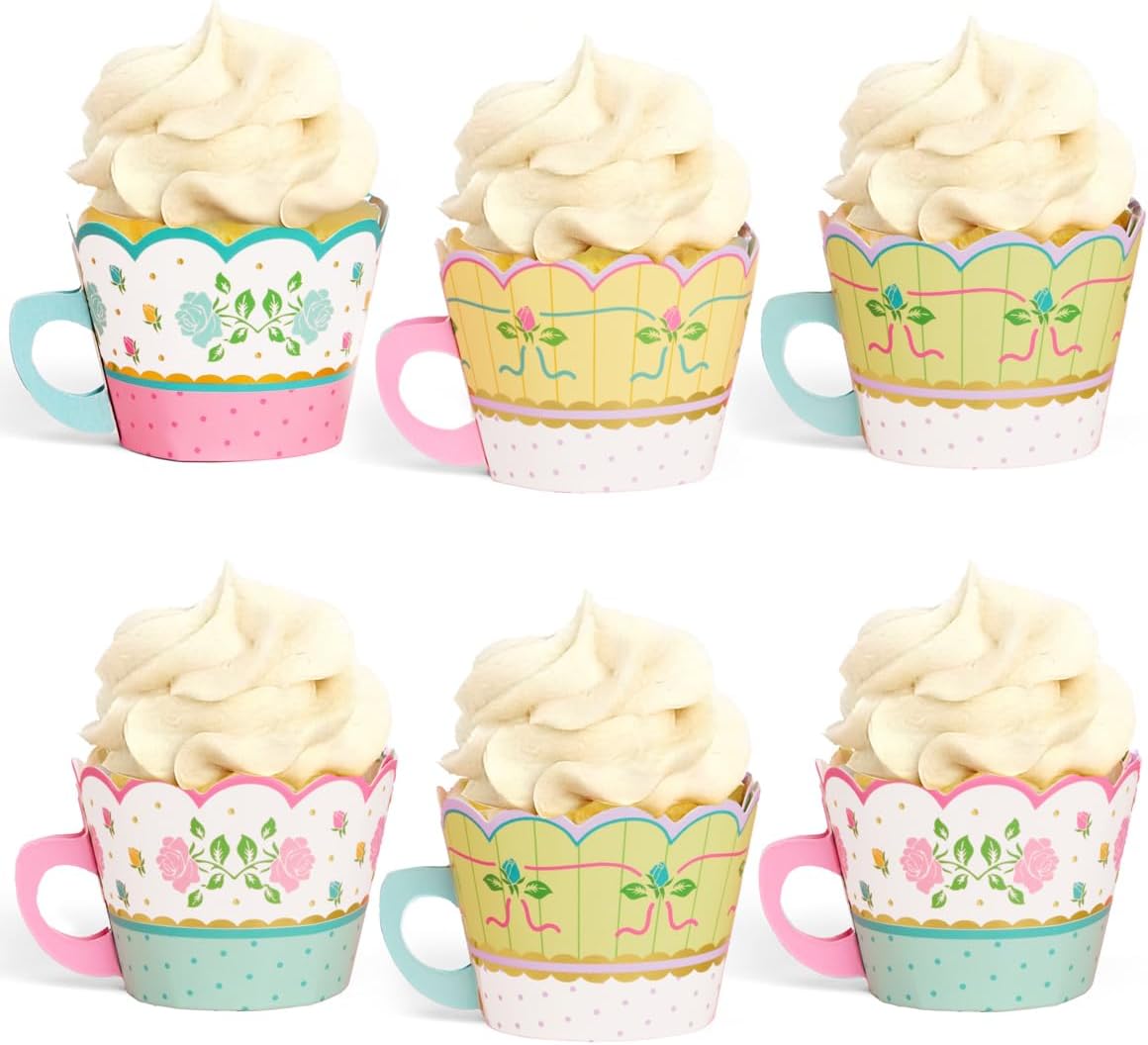 xo, Fetti Tea Party Cupcake Wrappers - 24 Pc Set | Garden Party, Birthday Decorations, Easter, Spring Floral, Vintage Pastel, Bridal Shower, Gold Foil, Cupcake Holders