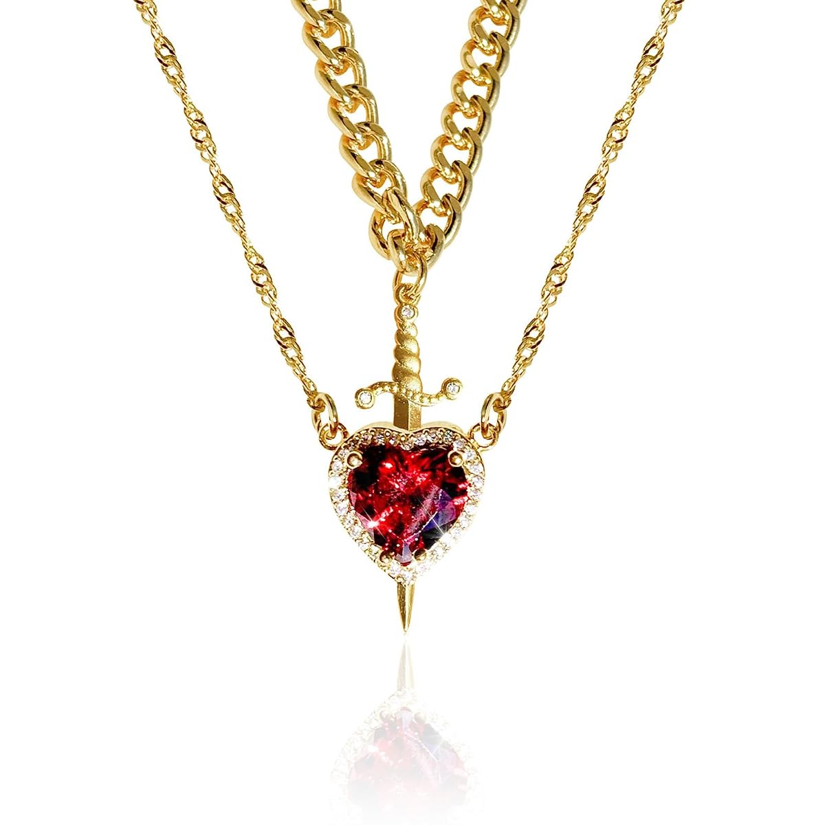 BYETOCE Heart and Sword Couples Necklace Gold Stainless Steel Pink Heart