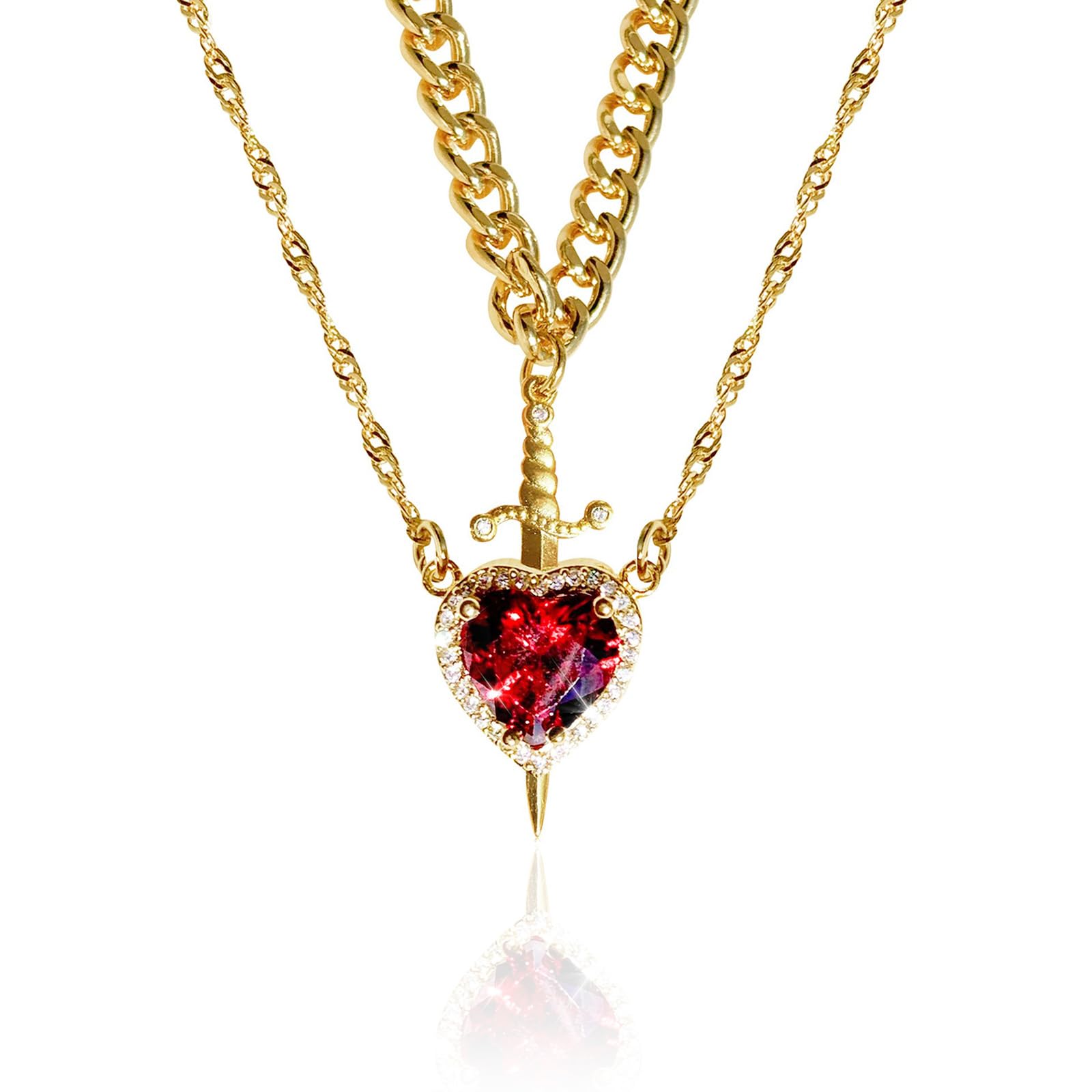 BYETOCE Heart and Sword Couples Necklace Gold Stainless Steel Pink Heart Zirconia Chain Trendy Matching Sword Through Heart Necklace Set Romantic Necklaces for friend Couple