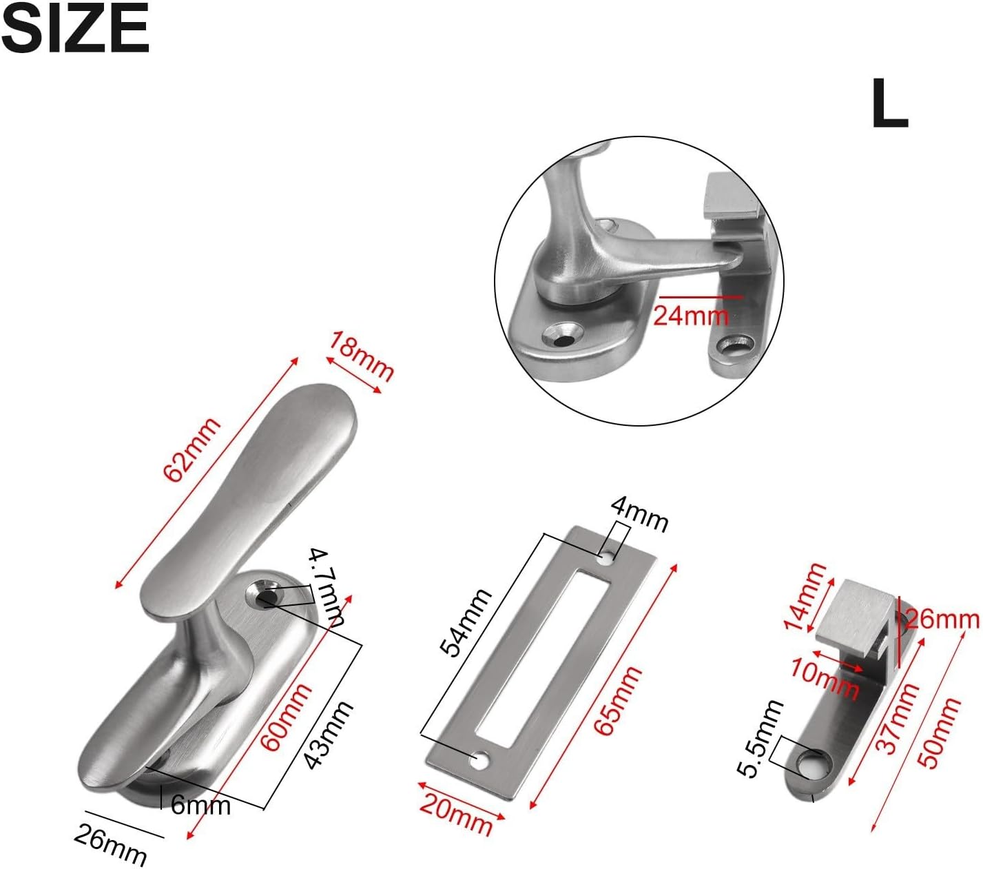 Heavy Duty Steel Door Latch, Anti-Theft Security Lock Buckle Wooden Fire Escape Doors, Oval Handle Panel, Install, Silver, 50x62mm(Silver L)