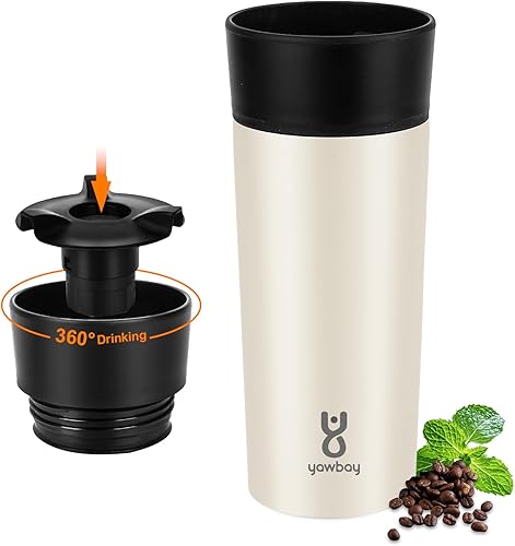 Yawbay Taza de café de viaje, taza de viaje con tapa completa de 360, vaso aislado al vacío, vaso de acero inoxidable, taza de café aislada de doble