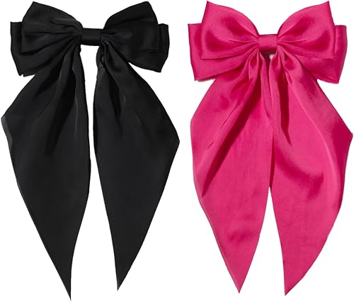 Furling Pompoms Hair Bows Clips for Women Large Bow Clip for Girls Satin Long Tails with Alligator Clips 2pcs Big Hair Bow Hair Accessories (Black Hot Pink)