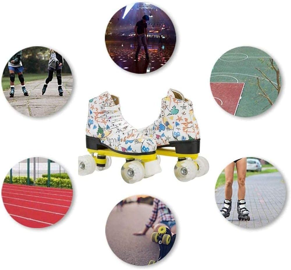 Classic Graffiti Roller Skates, Led Blinking Wheel Double-Row Skates, Comfortable and Breathable Sneakers for Boys and Girls,38-Whitedoesnotflash