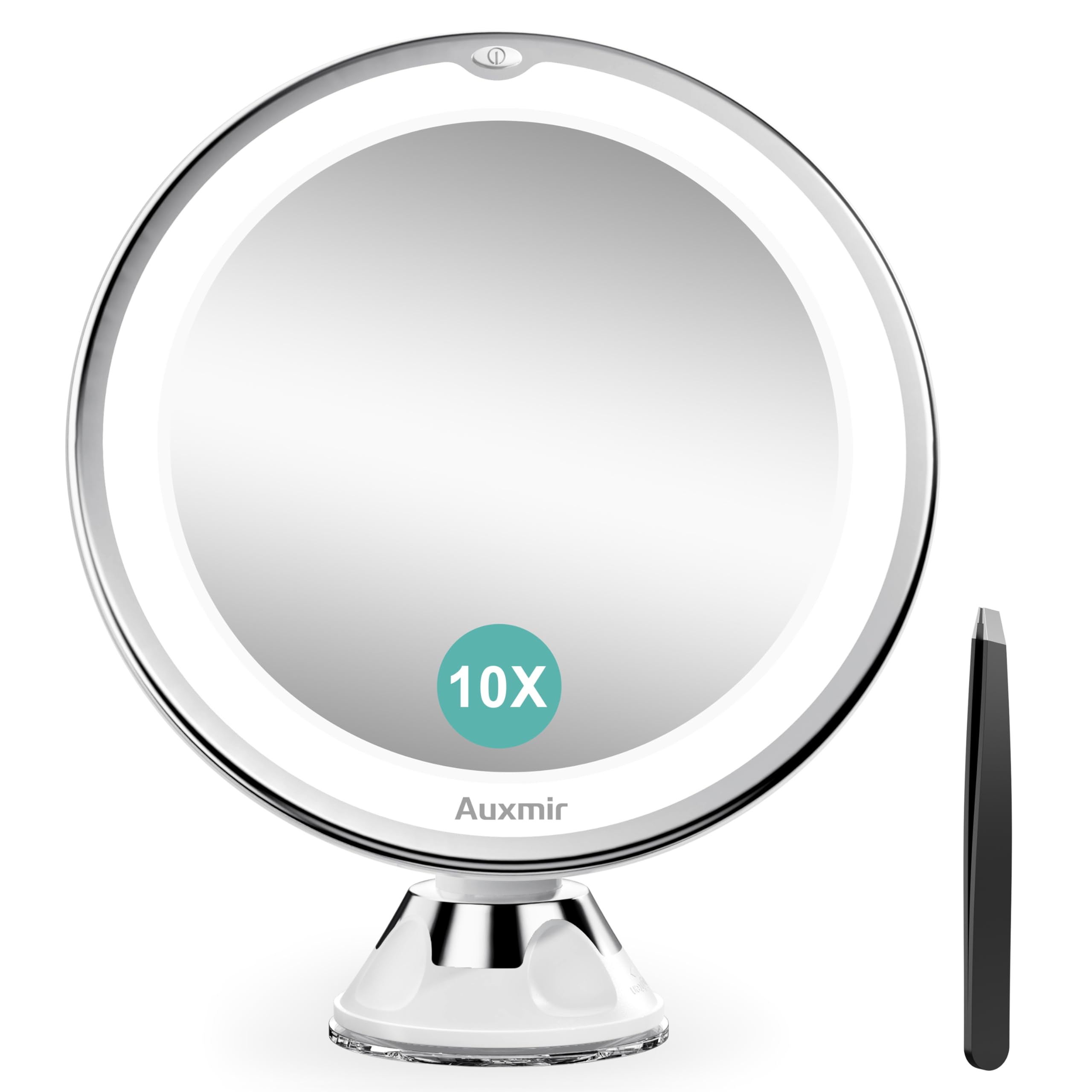 Auxmir Espejo Maquillaje con Luz 10X, Espejo Aumento Ducha Pared, Ventosa Fuerte, 2 Niveles de Brillos, Giratorio 360, para Baño Viaje Afeitado Depilación Cejas, Redondo, Blanco