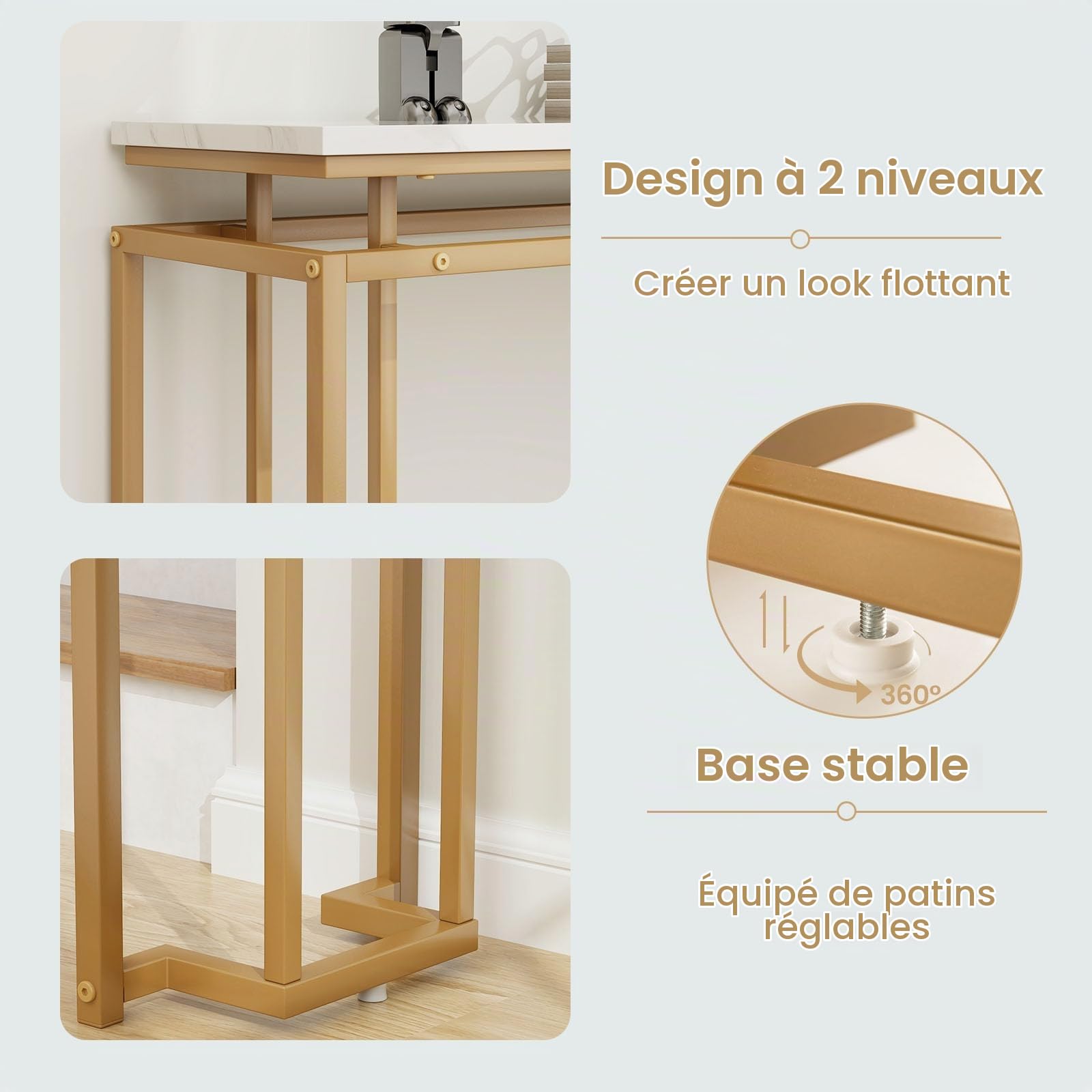 LIFEZEAL Table Console Effet Marbre, Meuble Console Moderne, Table d'Entrée, Cadre en Métal,Gain de Place, pour Couloir, Salon, Entrée, 120 x 30 x 80,5 CM, Or