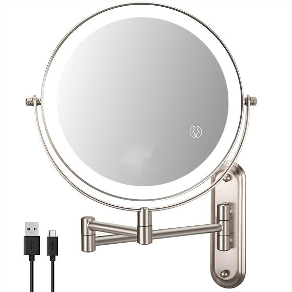 30X Wall Mounted Makeup Mirror with Lights - Brushed Nickel | 3 Color Modes Dimmable & Adjustable Double Side, Bathroom Magnifying Mirror with 360 Rotation Extendable Swivel Arm