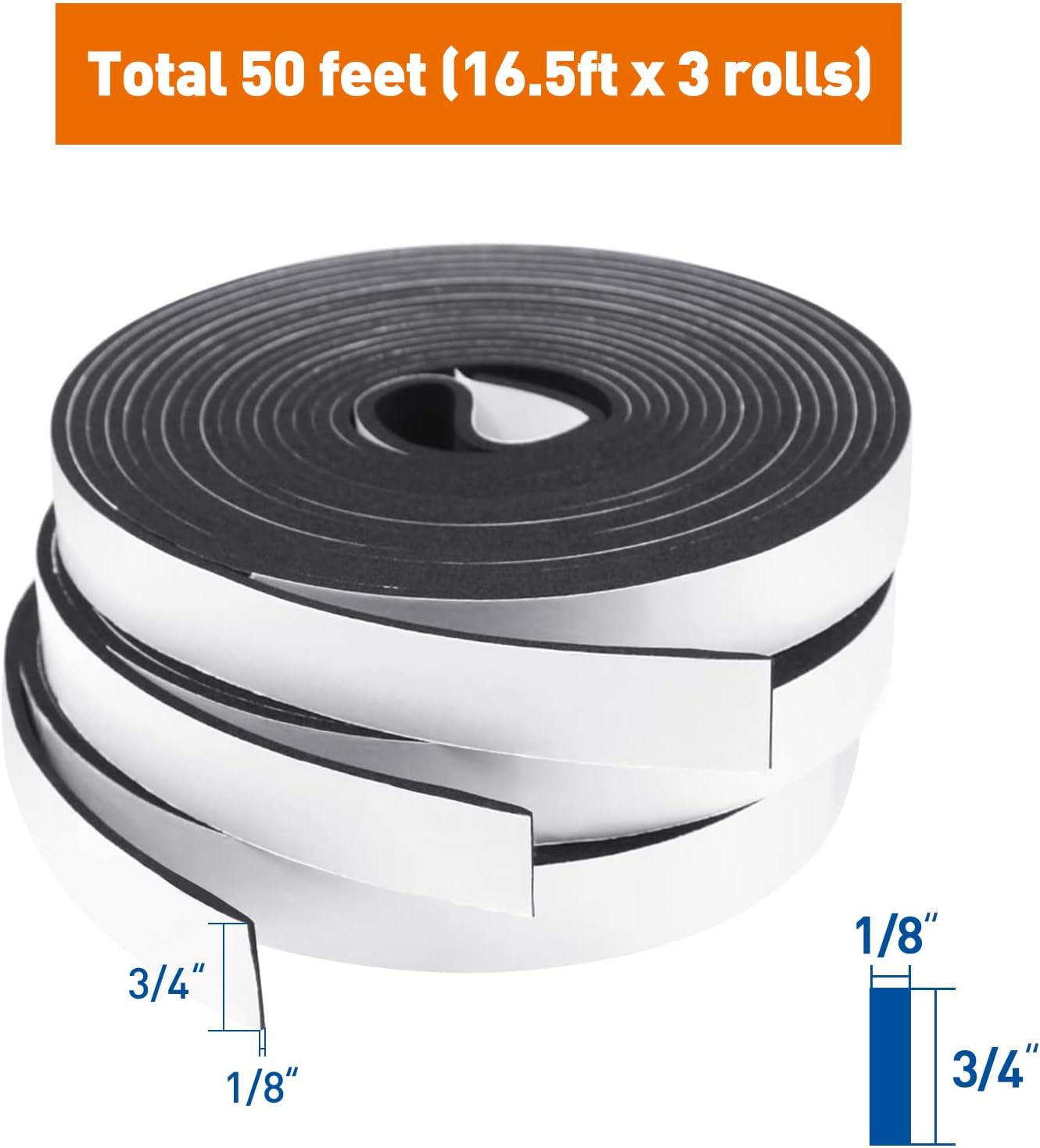 Authentic Crazy Deals MAGZO Weather Stripping 3/4 Inch W X 1/8 Inch T, Weatherstrip Adhesive Foam Tape Total Length 50 Feet, 16.5ft x 3 Rolls