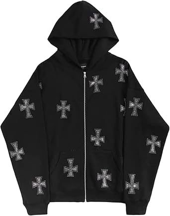 Womens Y2K Zip Up Hoodie Mens Rhinestone Cross Graphic Sweatshirt Long Sleeve Trendy 90S E-Girl Vintage Jacket Hoodie