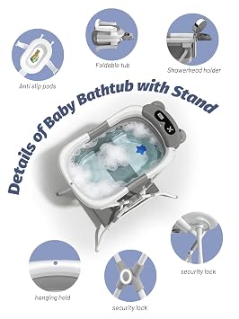 Baby Bathtub with Stand, Foldable Metal Standing Baby Bath Tub, 3-in-1 Anti-Slip Collapsible Tub with Cushion Storage Pad, Elevated Design for Newborn Toddler, Gray