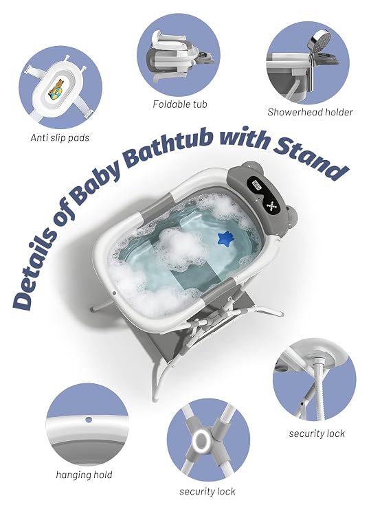 Baby Bathtub with Stand, Foldable Metal Standing Baby Bath Tub, 3-in-1 Anti-Slip Collapsible Tub with Cushion Storage Pad, Elevated Design for Newborn Toddler, Gray