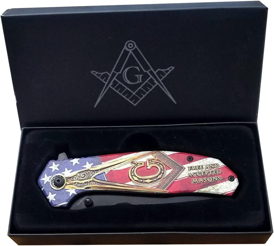 Masonic Folding Pocket Knife, Full Color 3D American Flag with Masons Square and Compasses on the Handles.
