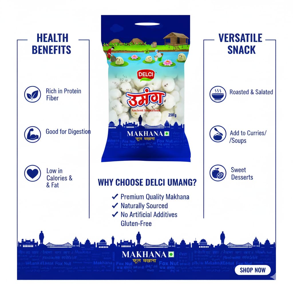 DELCI UMANG Makhana | Pure Handpicked Fox Nuts | 18mm+ Premium White Makhana | Natural & Gluten Free | 250 g 4