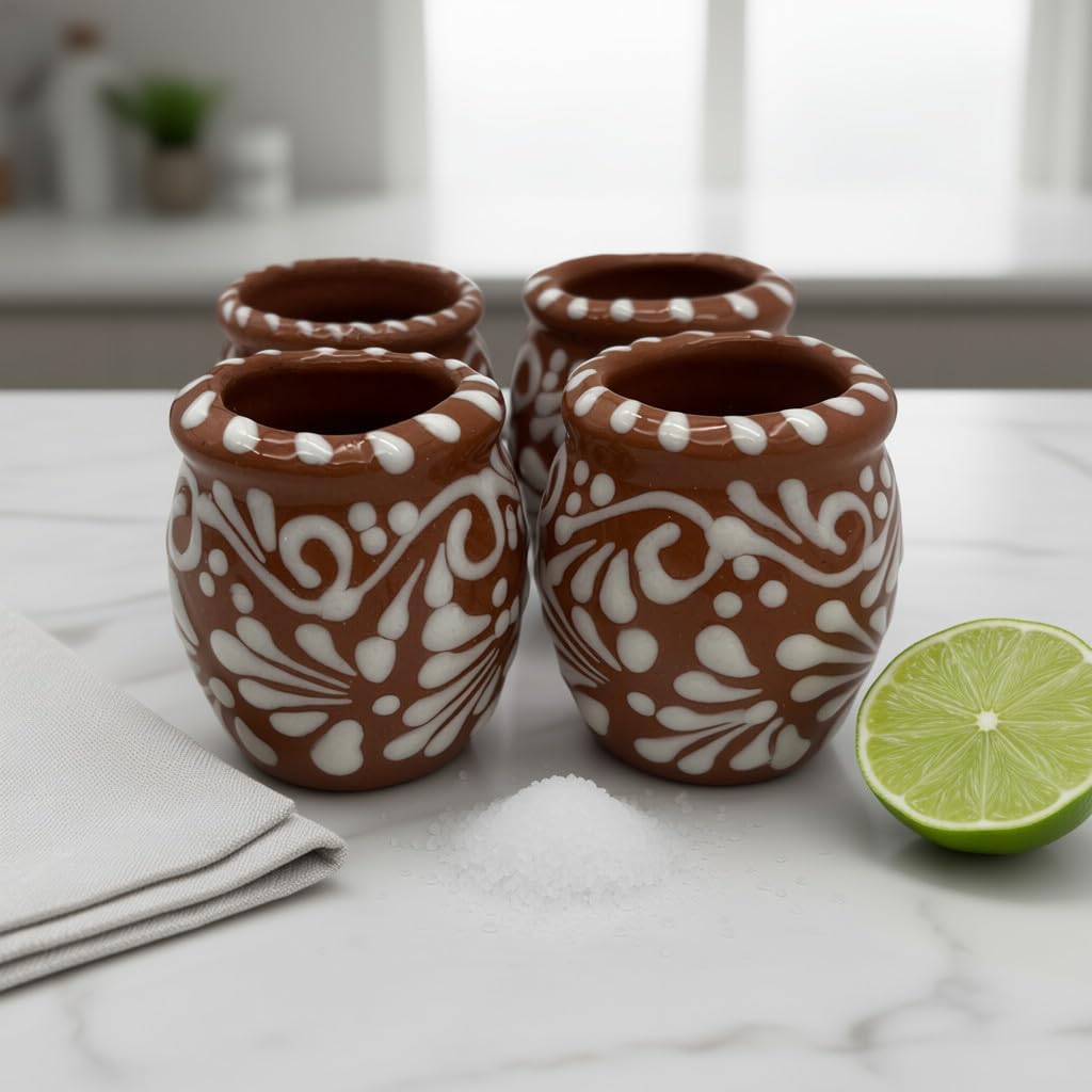 Brown & White Talavera Shot Glass Set, Rustic Cantarito Design