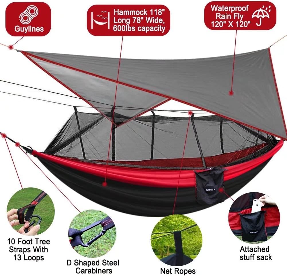 Kinfayv Camping Hammock with Net and Rain Fly - Portable Double Hammock with Bug Net and Tent Tarp Heavy Duty Tree Strap, Hammock Tent for Travel Camping Backpacking Hiking Outdoor Activities,Red