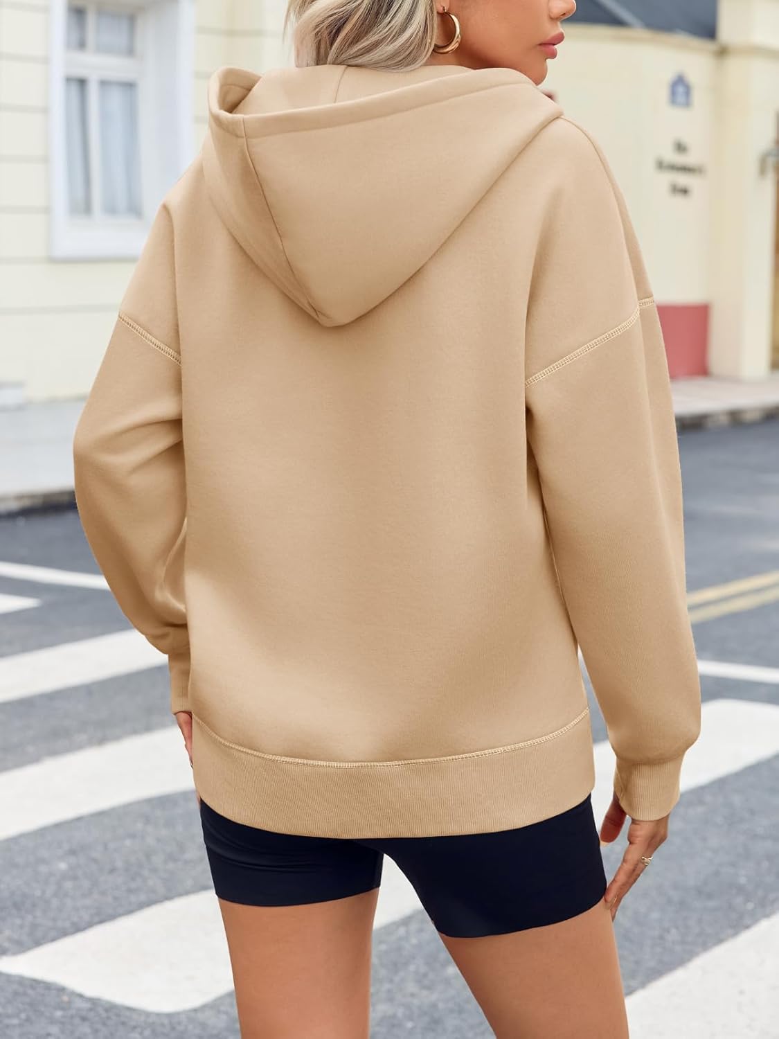 Fisoew Womens Half Zip Hoodies Casual Long Sleeve Contrast Stitch Loose Fall Sweatshirts Pullover Tops Light Khaki - Image 3