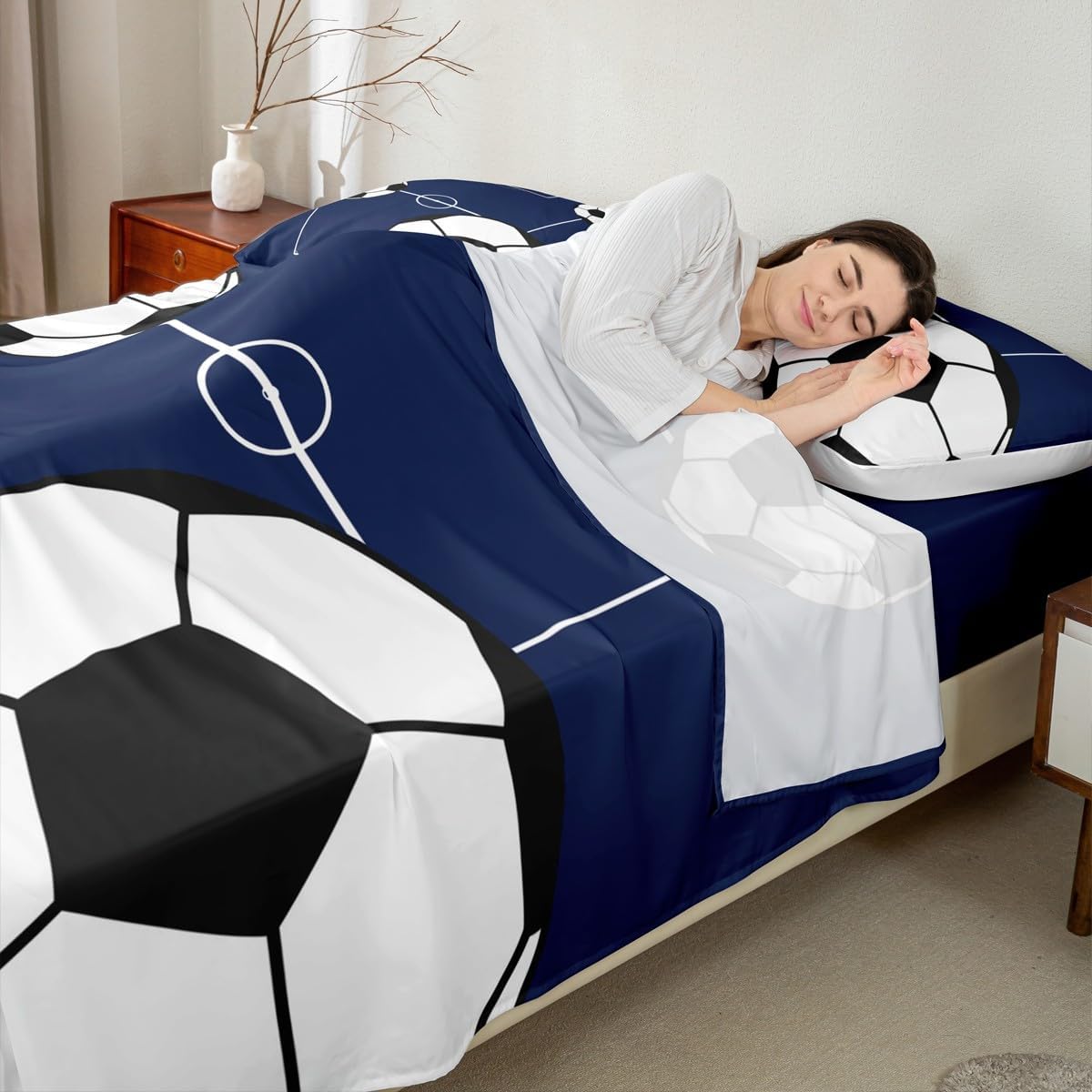 Erosebridal Football Bed Sheets Set Queen Boys Sports Theme Sheet Set Soccer Ball Pattern Football Court Sheets Playground Blue White Flat Fitted Sheet